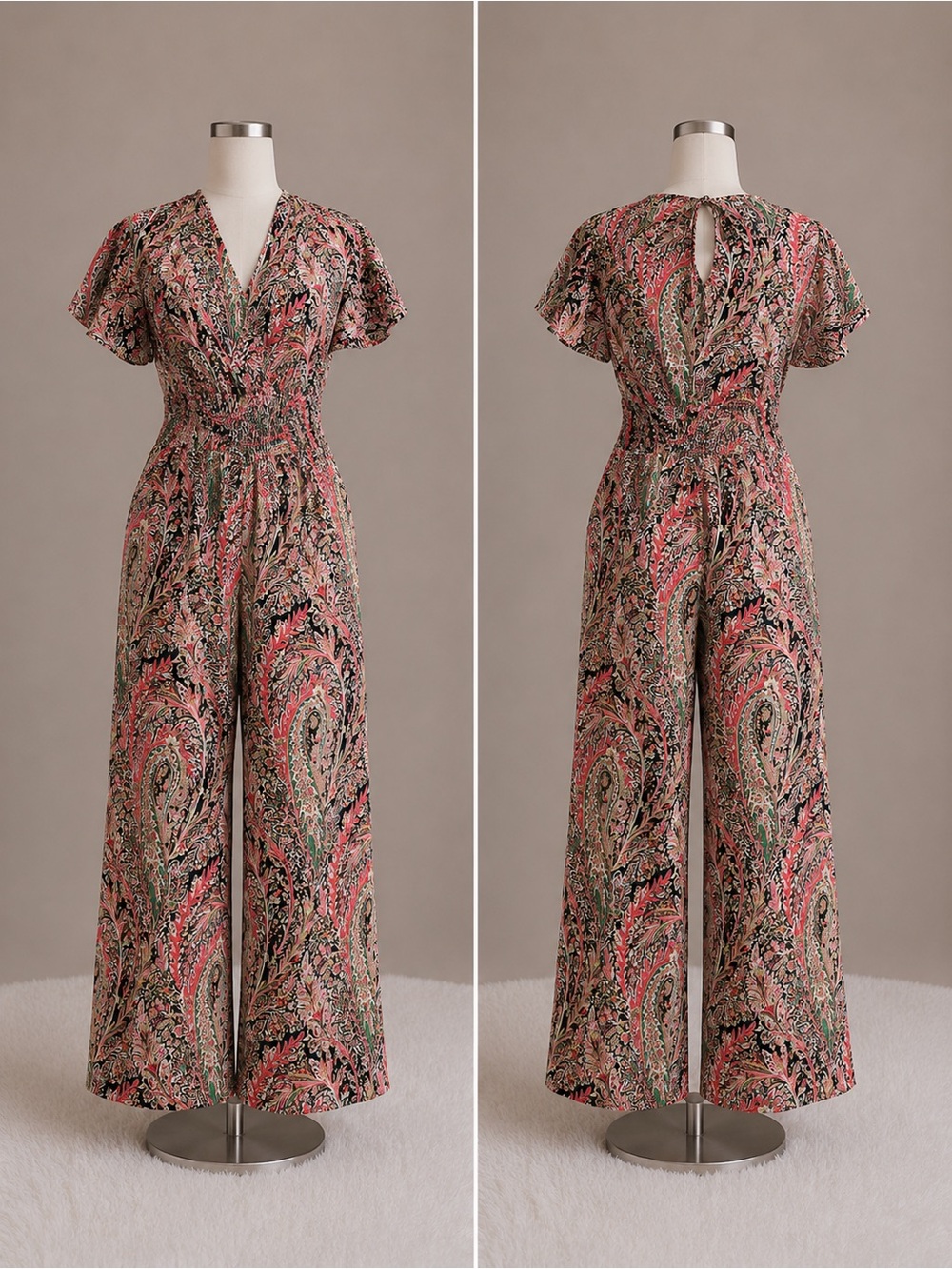 Womens Coral Paisley Wide-Leg Jumpsuit